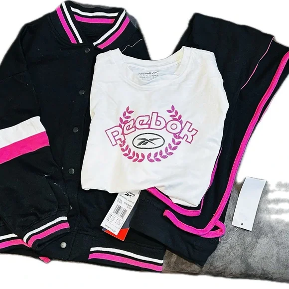 NWT 3pc Tracksuit Girls Pink/Black/White Reebok size 8/10 - Picture 4 of 5